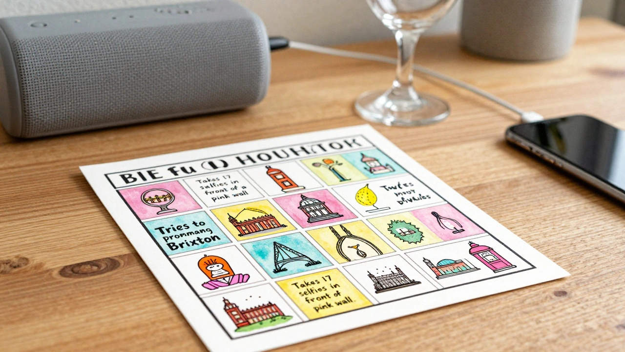 Handmade bingo card with London-themed squares beside a charging phone and wine glass, in a cozy room with warm lighting.