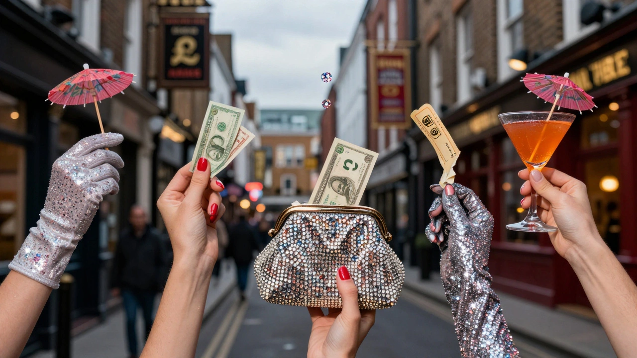 Hands holding cash, a cocktail, and a glittery purse against a blurred Soho backdrop, symbolizing the heart of affordable drag culture.