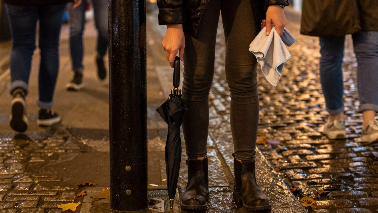 Hands holding umbrella and towel under a London streetlamp near wet cobbles.