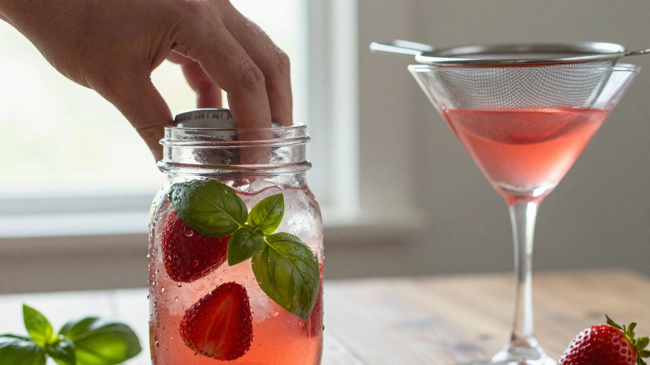 Hands shaking a cocktail with strawberries and basil, condensation dripping from the jar.