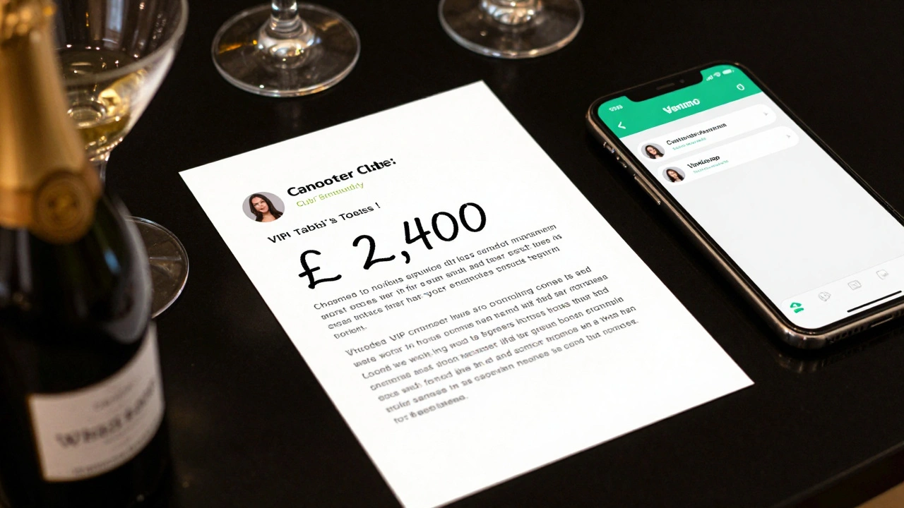 Handwritten note and WhatsApp message confirming VIP table cost, with champagne and cocktail glasses nearby.