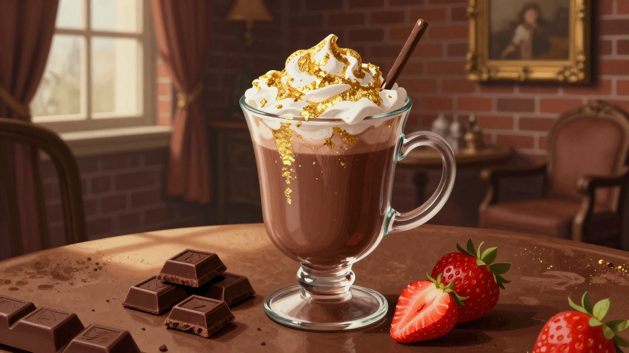 Hot chocolate with gold leaf in chocolate-themed room.