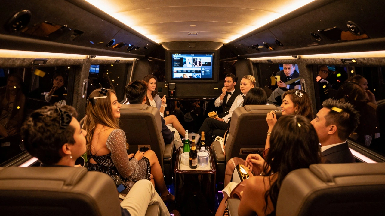 Interior of a luxury coach with leather seats, LED lighting, and guests enjoying drinks and music during a night out.