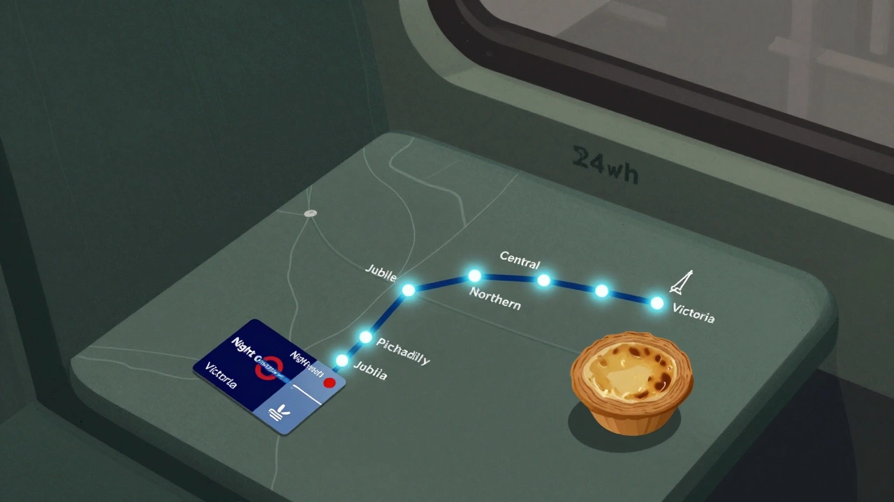 Night bus and Tube route map glowing softly with an Oyster card on a seat beside a late-night snack.