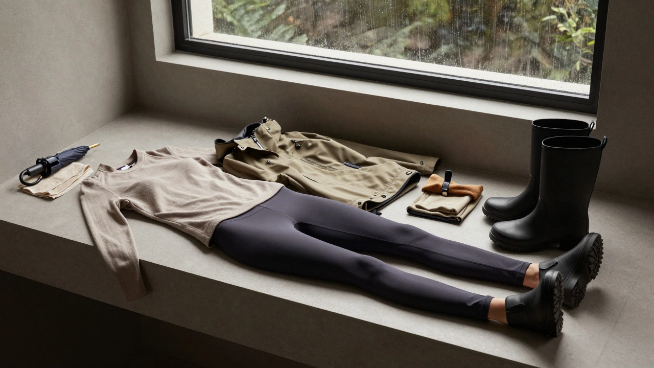 Night walk outfit laid out: thermal layers, boots, flats, umbrella, and towel on counter.