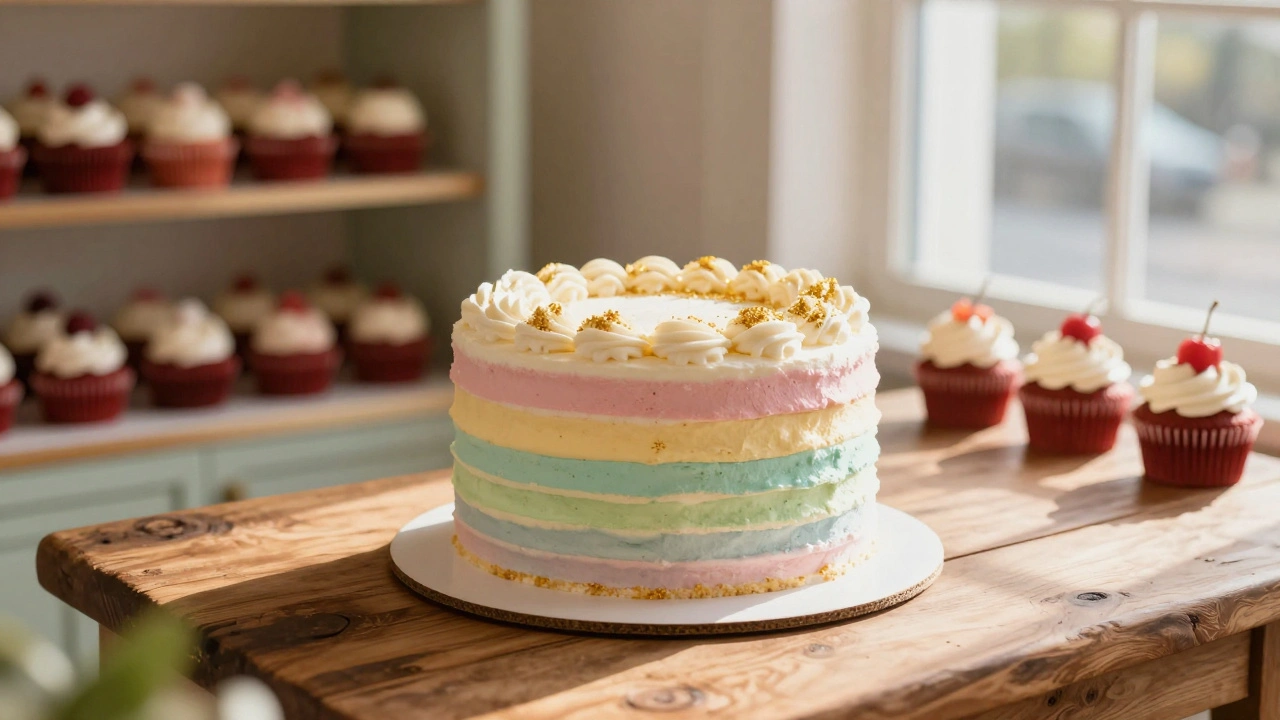 Pastel rainbow cake with gold dust and cupcakes on display wall.