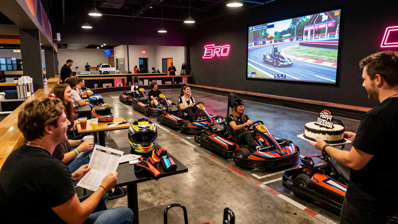 People celebrating in a karting center lobby with printed lap times and a birthday cake.