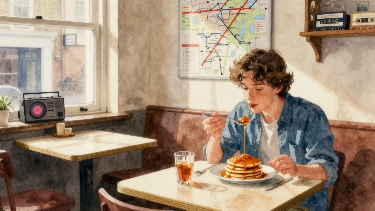 Quiet weekday brunch at Brixton’s Breakfast Club with vegan pancakes, soft sunlight, and a subtle 90s hip-hop vibe in a cozy, less crowded setting.