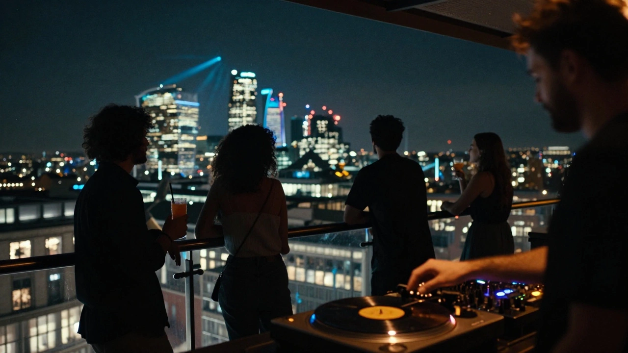 Rooftop bar at night in Shoreditch with city lights below and people silhouetted against glowing windows.