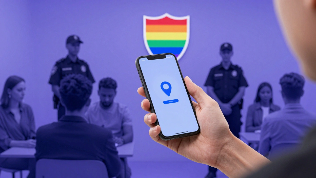 Security staff assisting at Milk Bar with location sharing icon and rainbow safety symbol.