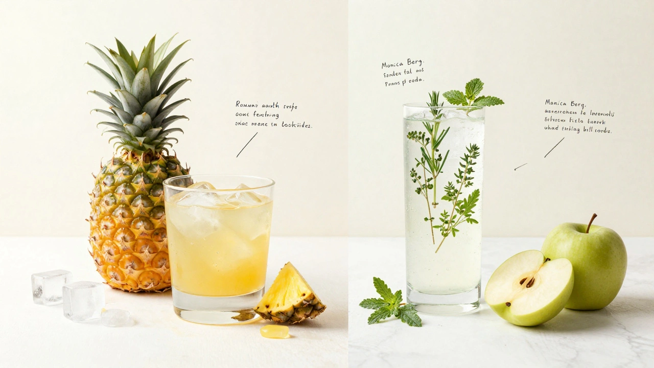 Side-by-side non-alcoholic and cocktail drinks, each with handwritten notes about their natural, locally sourced ingredients.