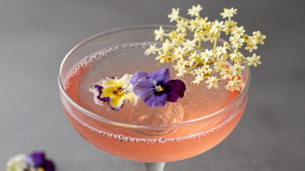 Soho Spritz cocktail with edible flowers in vintage glass