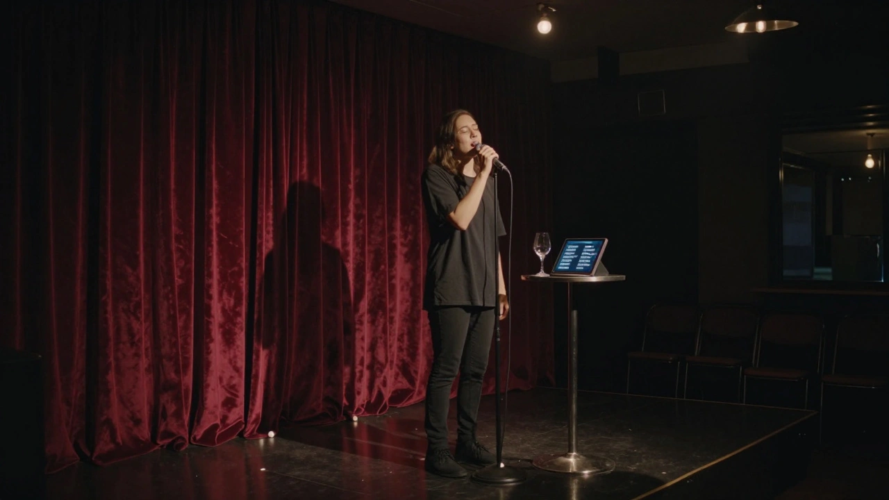 Solo singer performing under a spotlight in a quiet karaoke bar with wine glass and tablet
