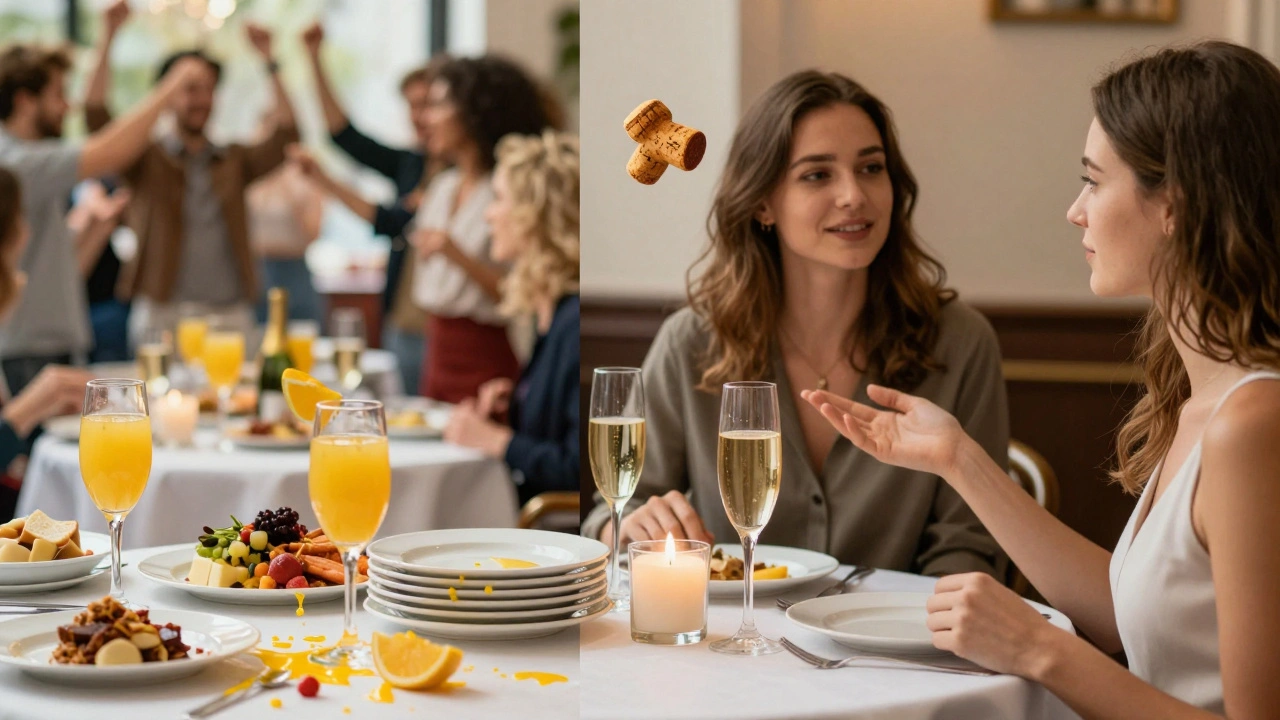 Split image: lively budget brunch on left, quiet premium brunch on right, golden Champagne cork floating between them.