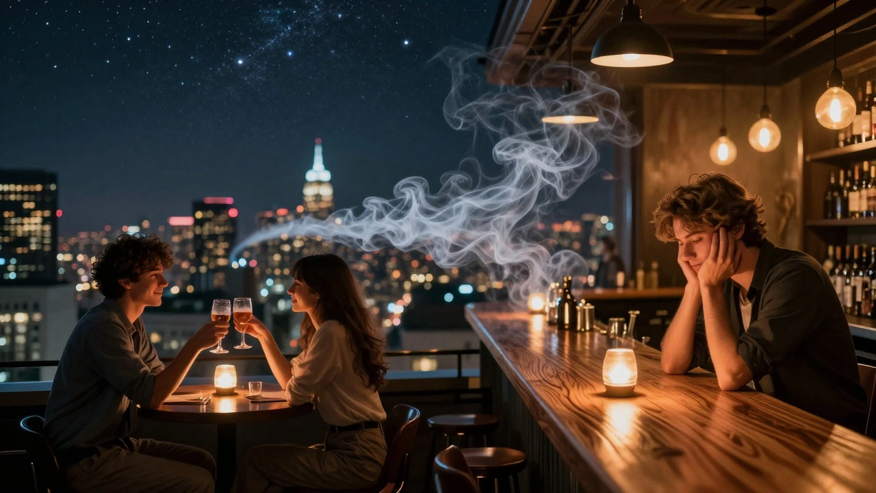 Split image: rooftop cocktail scene on one side, intimate indoor bar on the other, connected by swirling smoke.