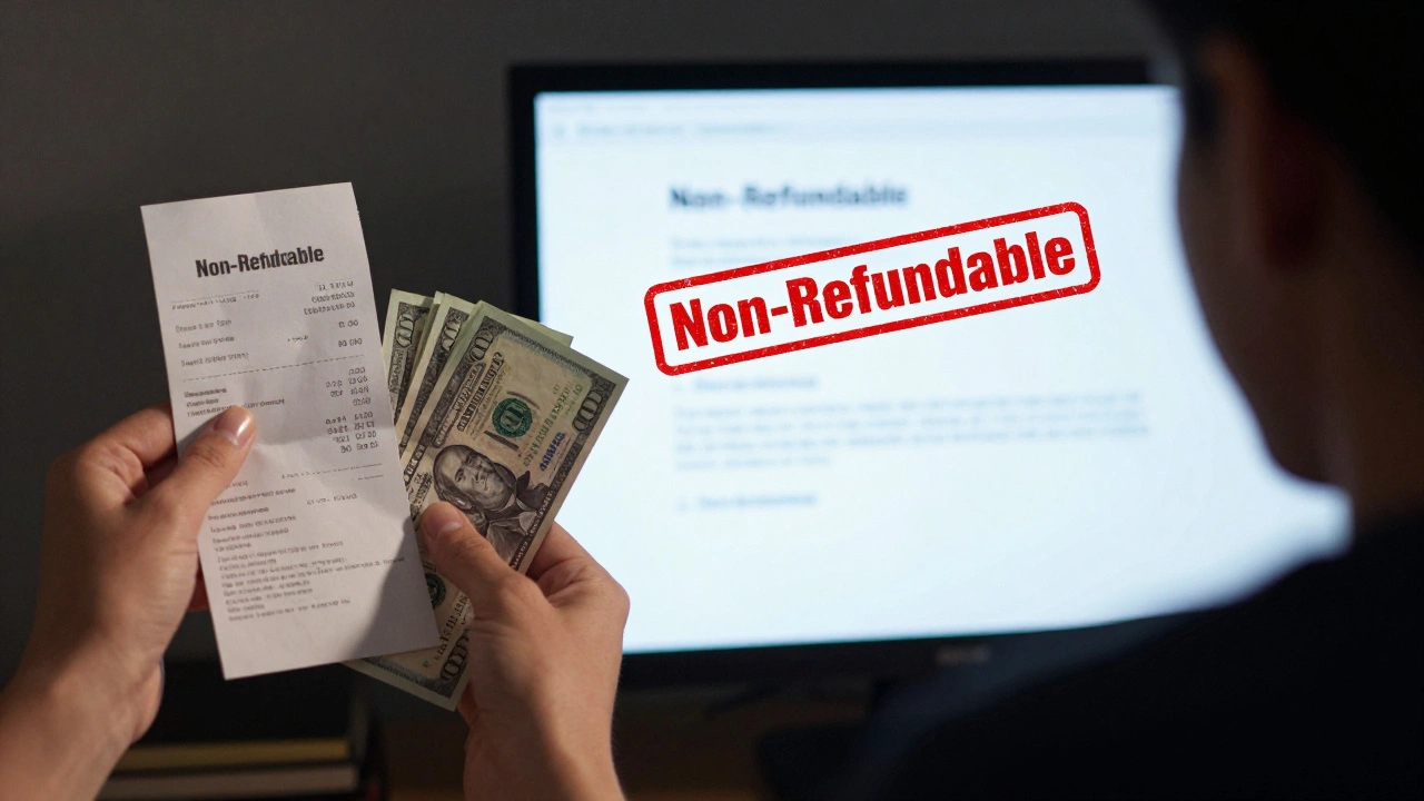 Split scene: one side shows refund success, the other shows lost payment on non-refundable booking.