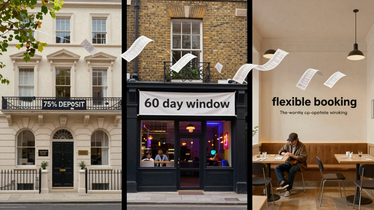 Three distinct London venues side by side, each displaying different deposit and cancellation policy signs.