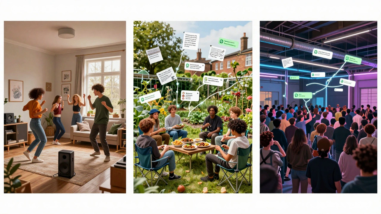 Three London micro-scenes merged: a living room party, a garden gathering, and a warehouse rave, linked by digital and handwritten community traces.