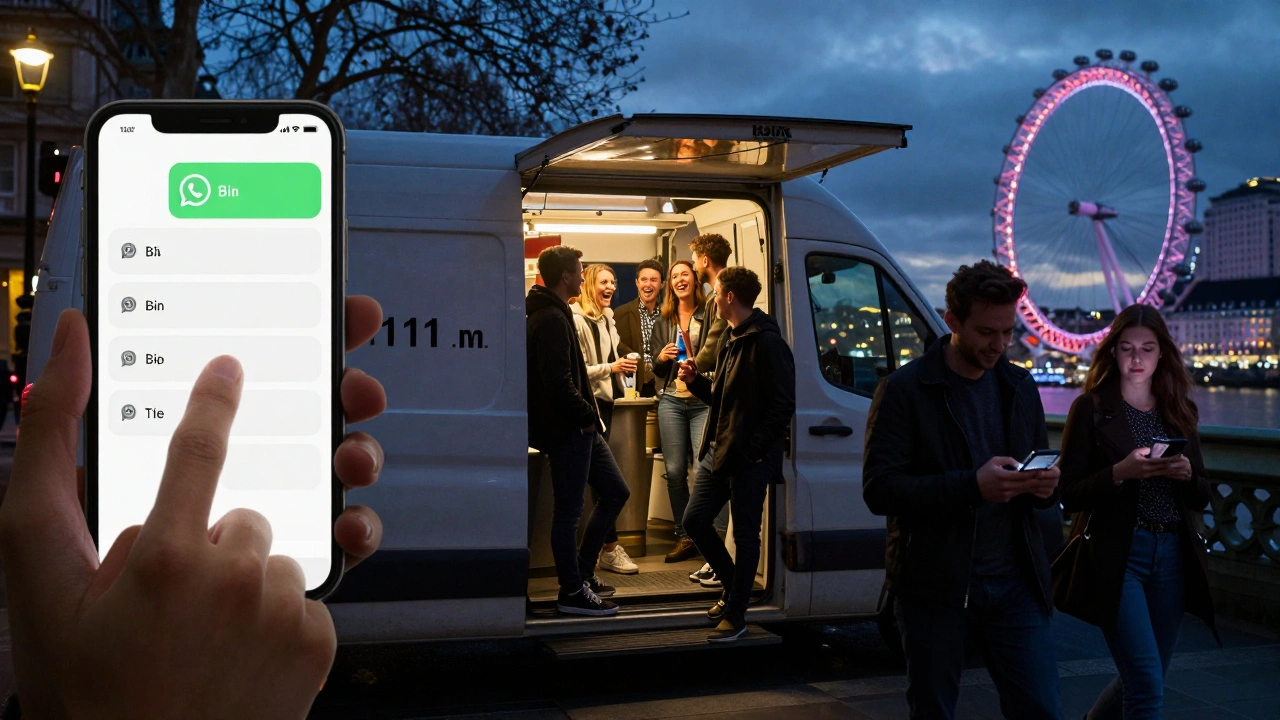 Three scenes of a successful London night out: voting on a chat, eating kebabs, and walking by the Thames at night.