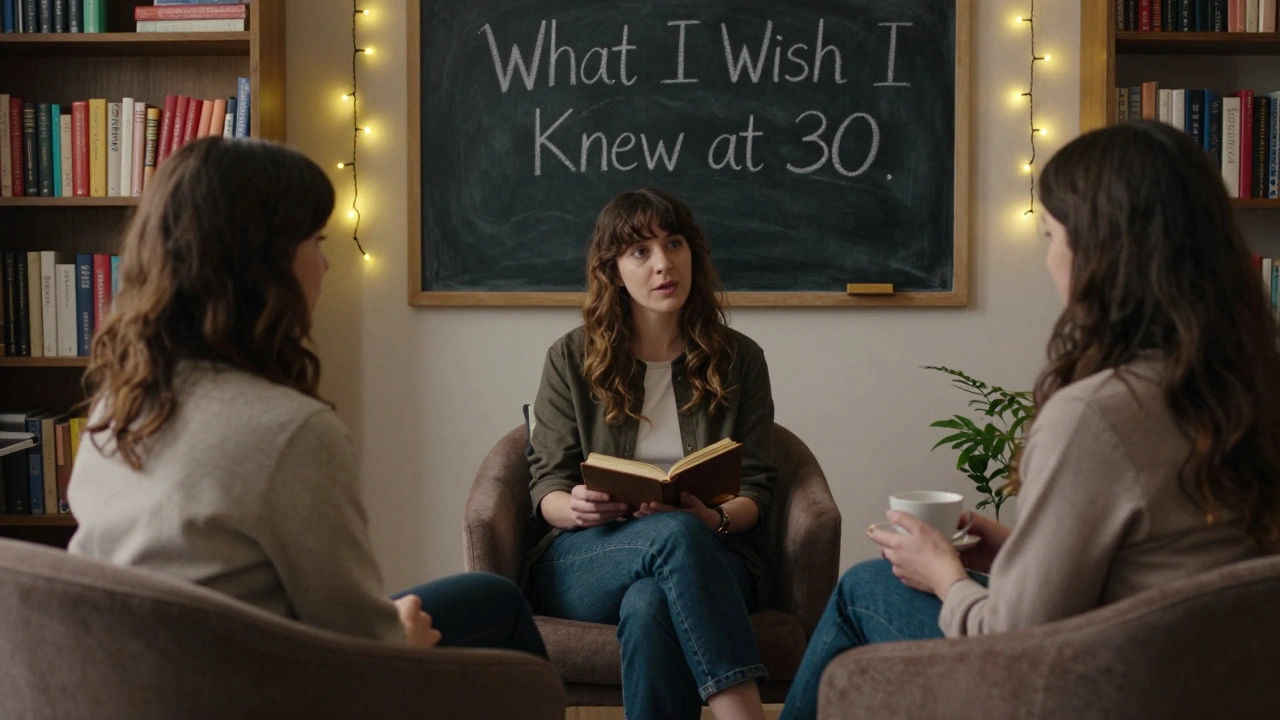 Three women in a supportive circle at a mature singles event, sharing stories under soft string lights.