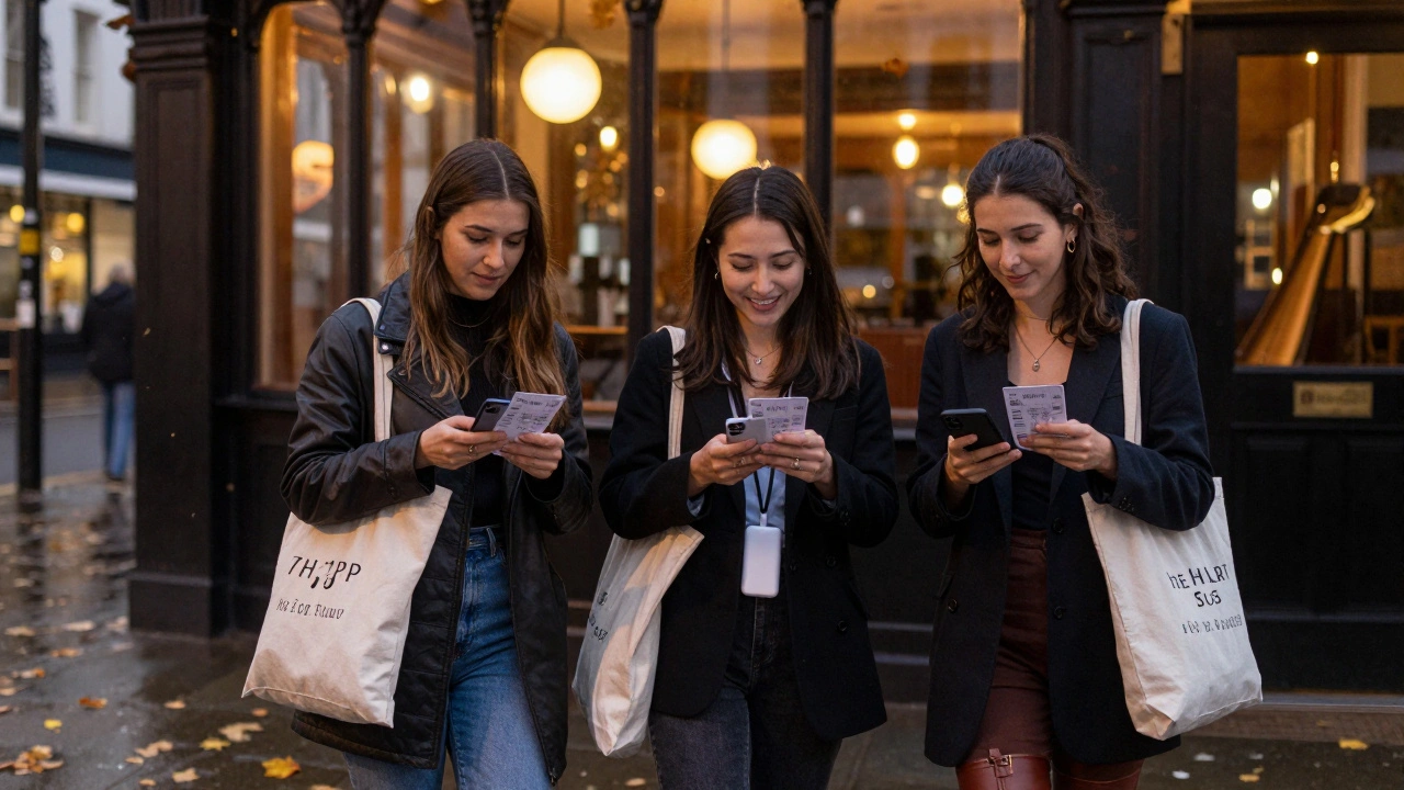 Three women outside The Harp in Soho at night, holding tickets and checking phones, ready for a cheap, fun girls' night.
