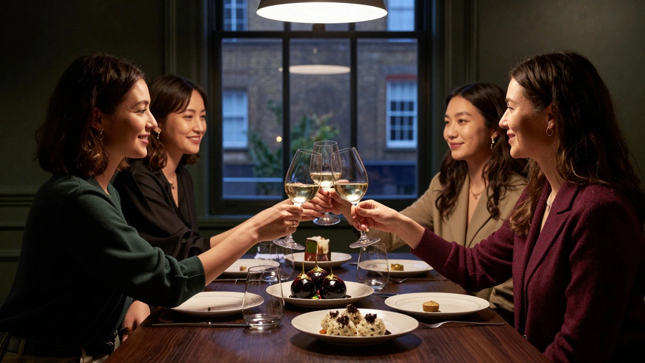 Three women toasting with vegan wine at an upscale plant-based restaurant with elegant plating.