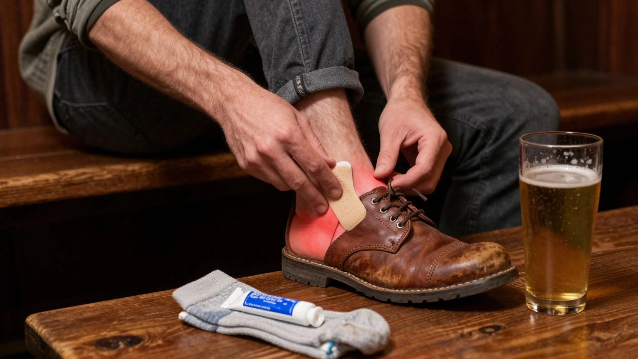 Traveler applying moleskin patch to heel in a dim pub, spare socks and antiseptic on table nearby.