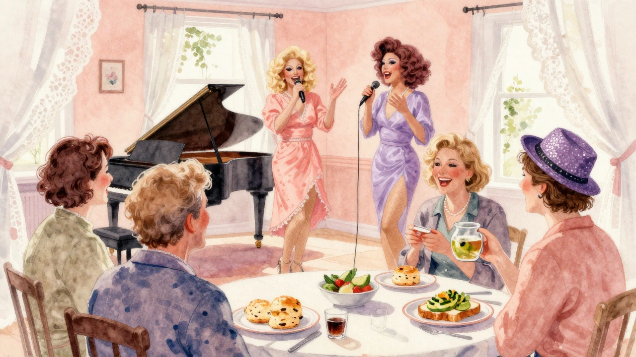 Two drag performers on a cozy stage with a pianist and guests enjoying scones and toast in a sunlit, intimate London brunch spot.