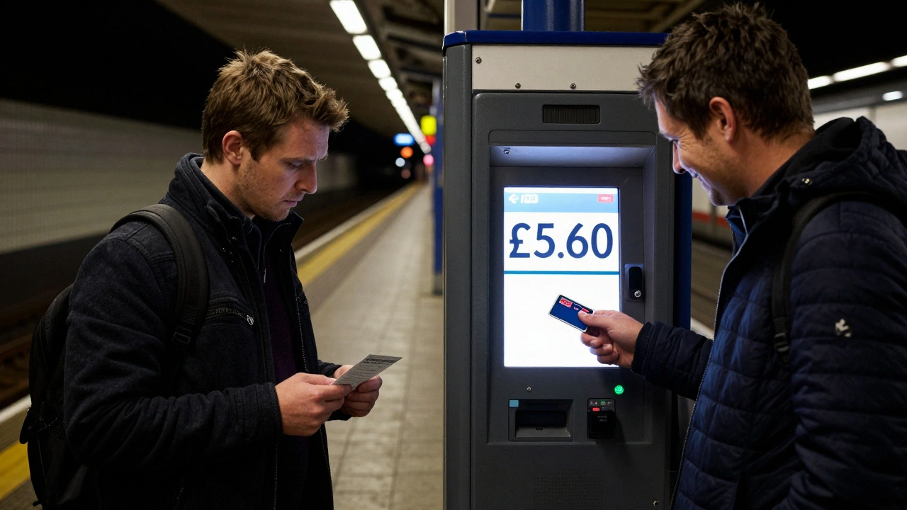 Two passengers at a Tube station, one with a paper ticket, one using Oyster card.
