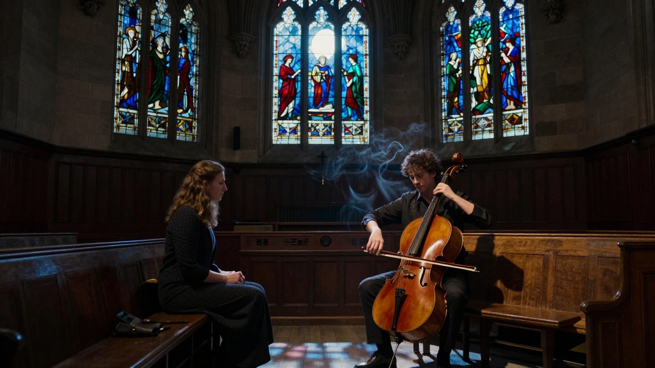 Two people sitting in silence in a historic chapel, stained glass casting colored light as a cellist performs nearby.
