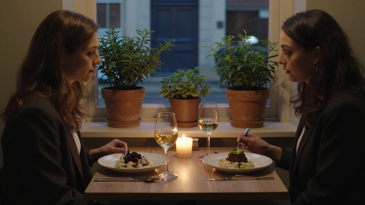 Two women enjoying plant-based late-night dinner in soft candlelight at a quiet London restaurant.