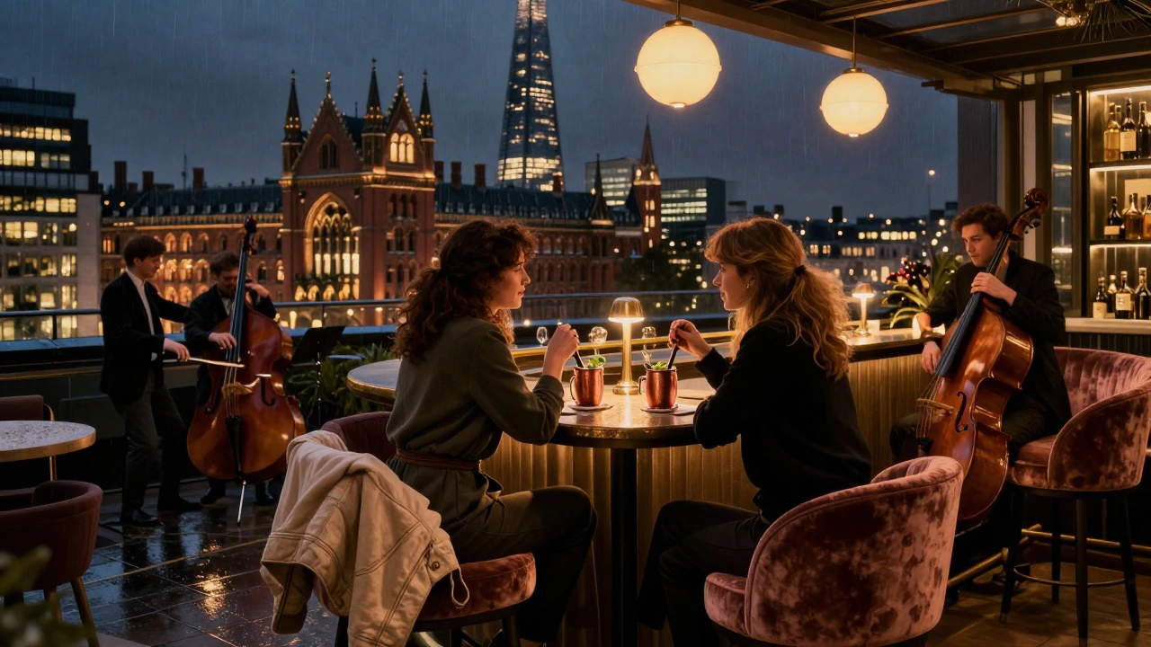 Two women sharing drinks at a quiet rooftop bar with jazz music and panoramic city lights, cozy and intimate setting.