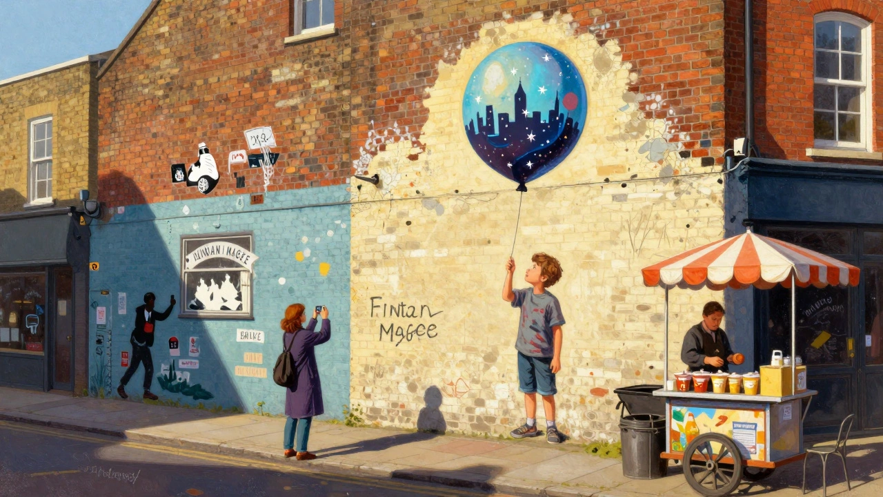 Vibrant street art on Brick Lane featuring a child holding a city-shaped balloon under golden afternoon light.