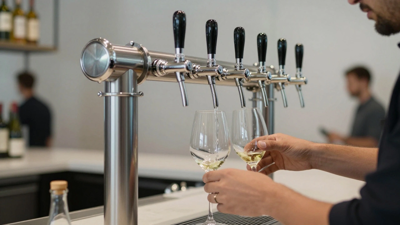 Wine dispensing system pouring into glasses in a modern bar