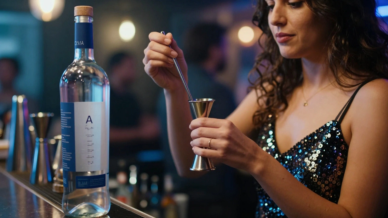 Woman politely requesting a measured shot of vodka while water is nearby at a London bar.