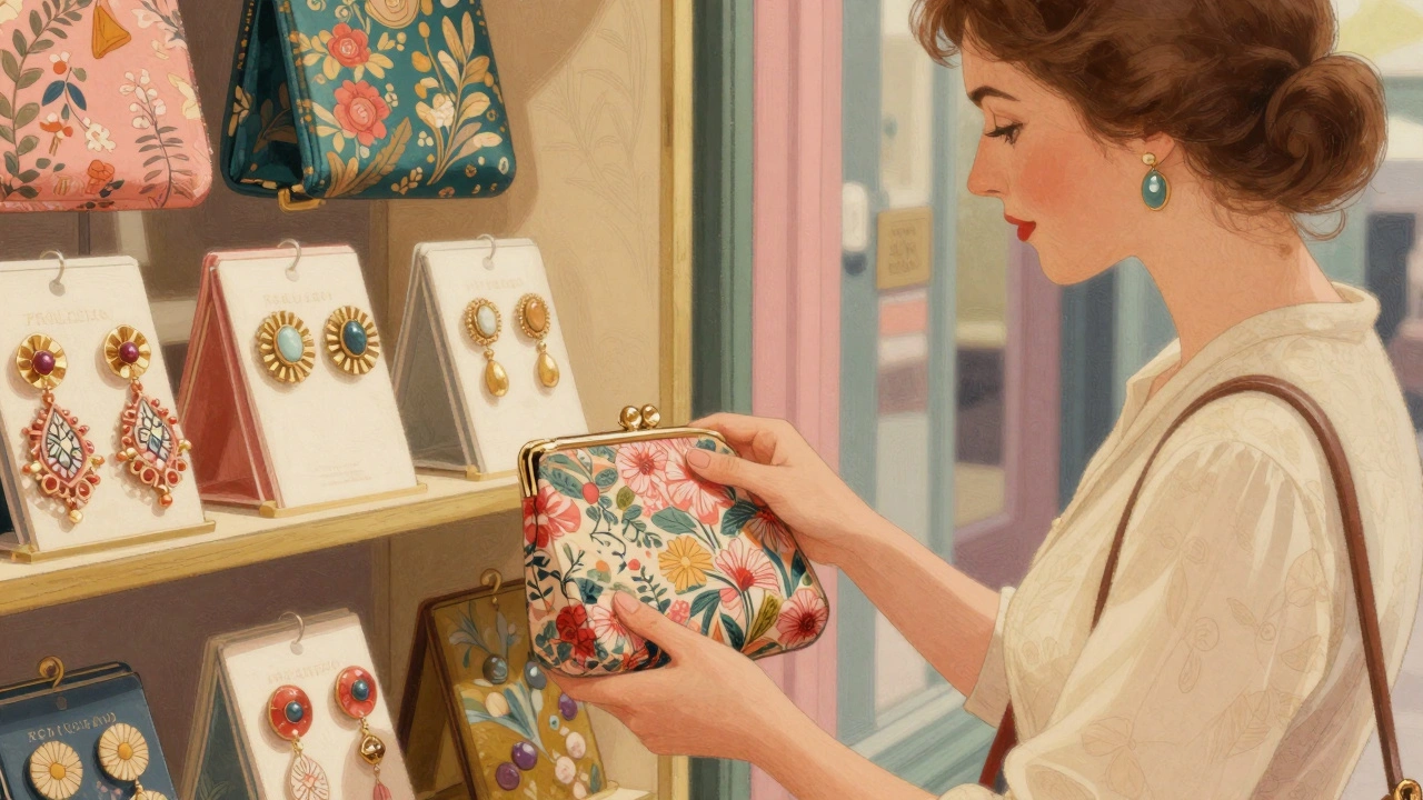 Woman selecting vintage clutch and earrings in London boutique