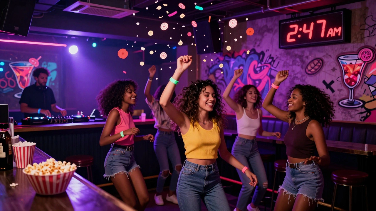Women dancing in a colorful London nightclub with a DJ, drink tokens floating in the air, and free snacks on the bar.