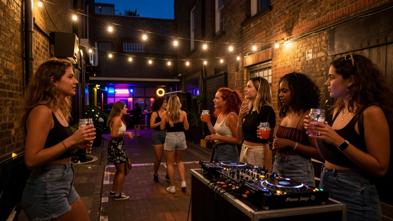 Women dancing in a courtyard with string lights and a DJ booth, distant nightclub neon glowing behind them.