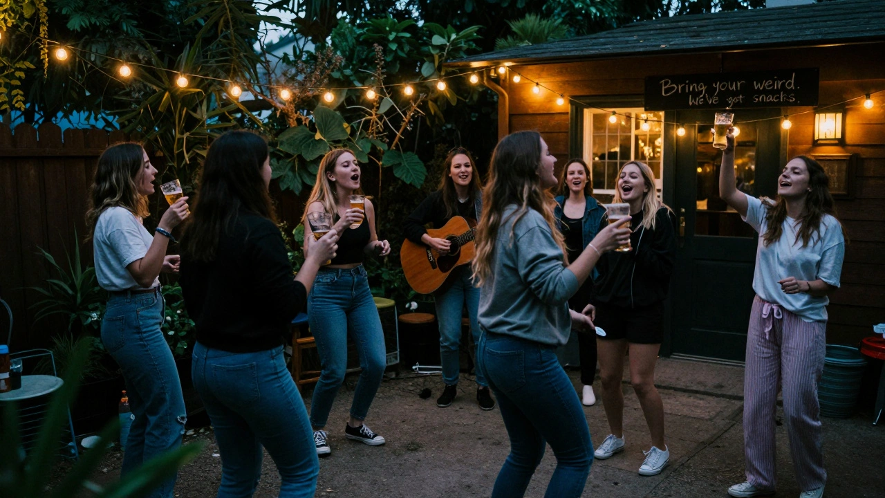 Women dancing in a string-lit backyard pub, singing along to live music under night skies.