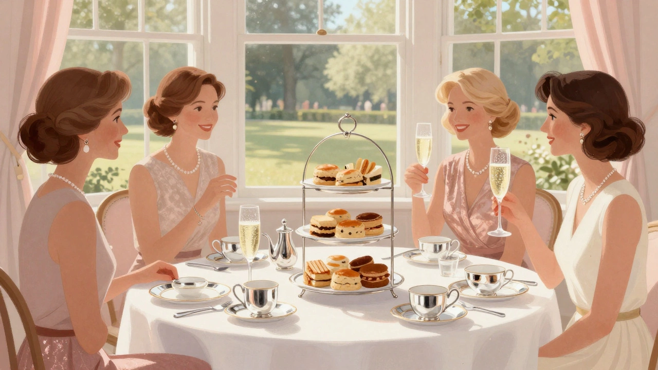 Women enjoying an elegant tea party with scones and champagne at The Wolseley.