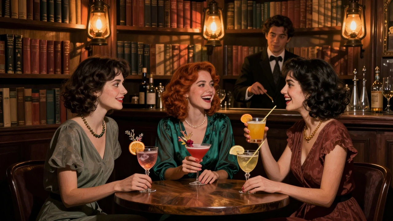 Women enjoying creative cocktails in a hidden bookshelf speakeasy, lit by warm lantern light and surrounded by vintage books.