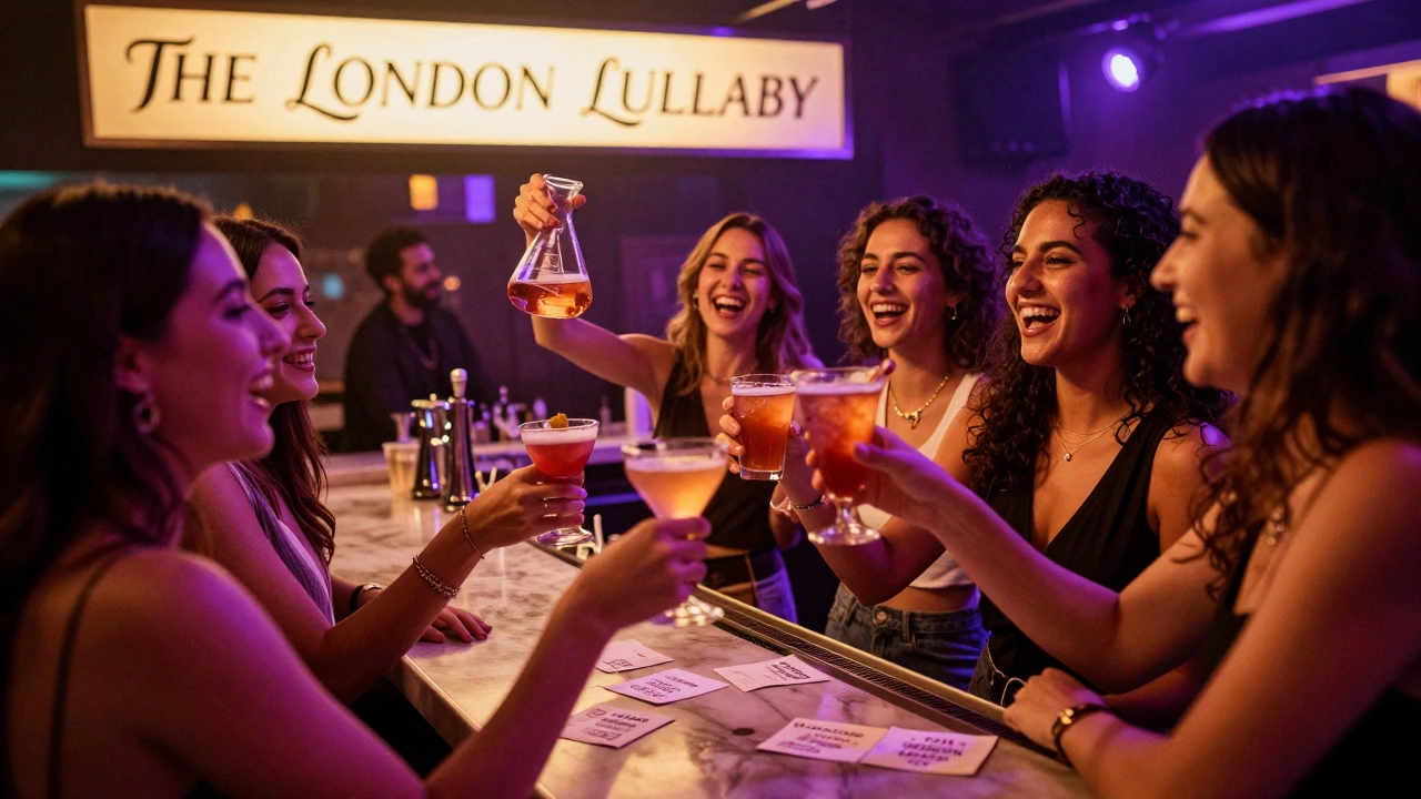 Women laughing and clinking glasses in a neon-lit London lounge with custom drink names visible.