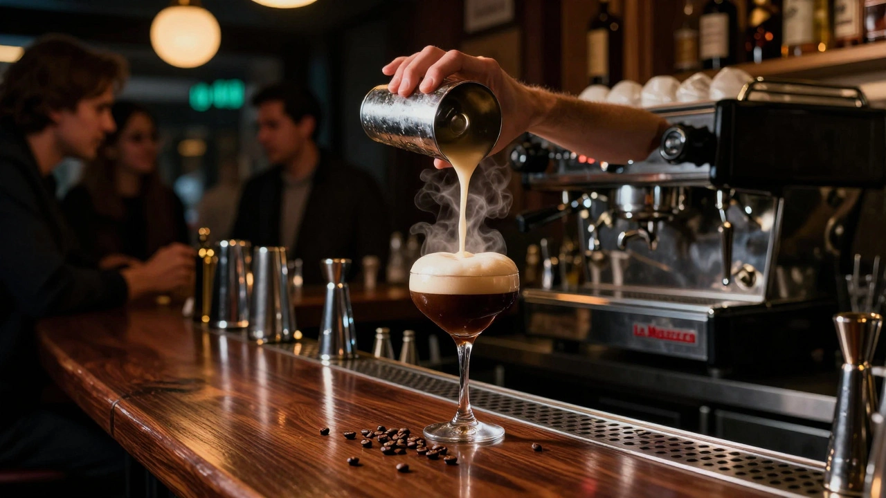 A barista shakes an Espresso Martini at Bar Termini, fresh espresso steam rising, glossy foam in a coupe glass.