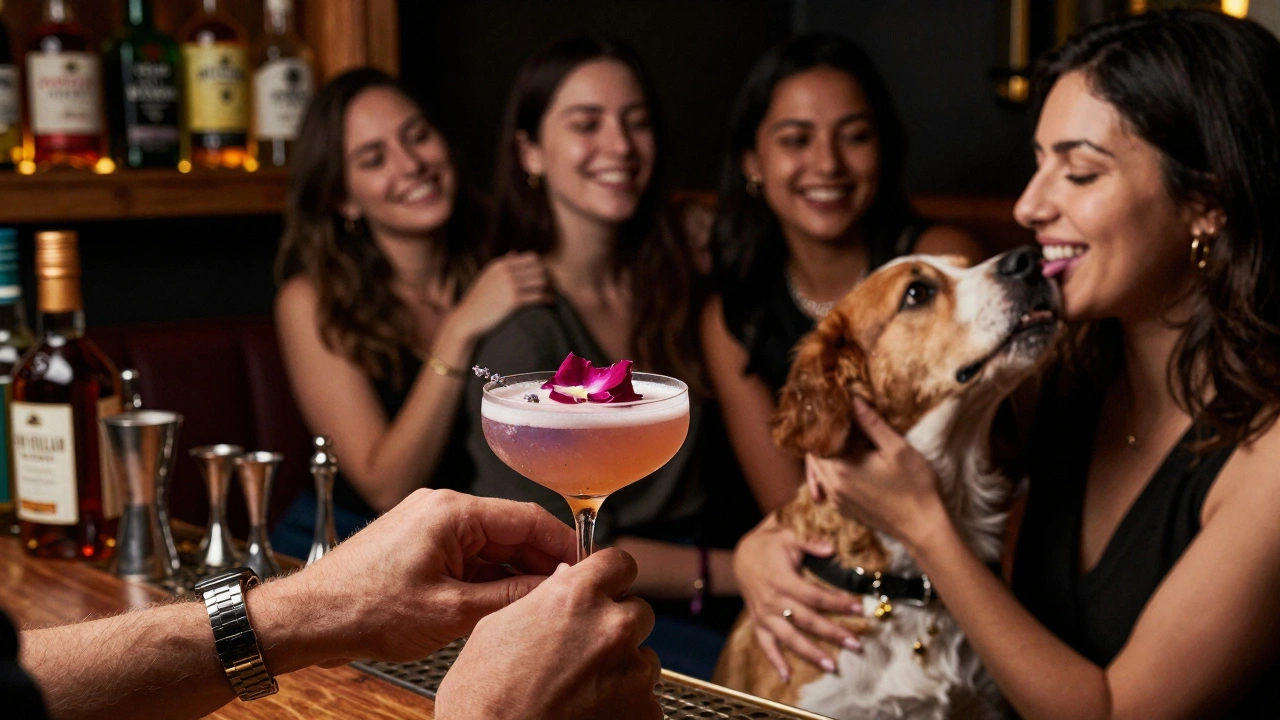 A bartender crafting a personalized cocktail with honey, lavender, and a rose petal, in a cozy women-only space.