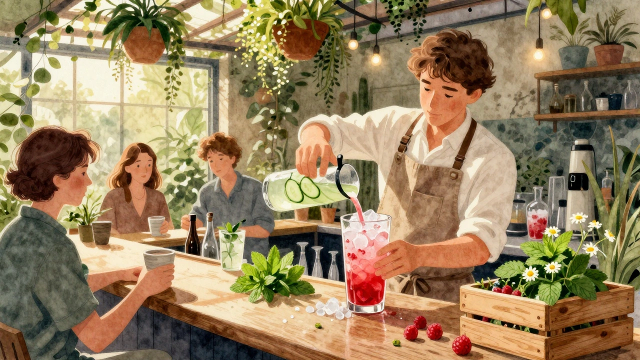 A bartender crafting a refreshing cocktail with foraged ingredients in a lush urban garden bar.