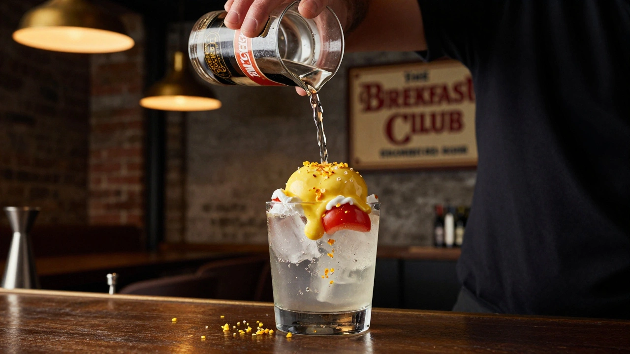 A bartender making a signature cocktail with tomato and horseradish at a Shoreditch brunch spot.