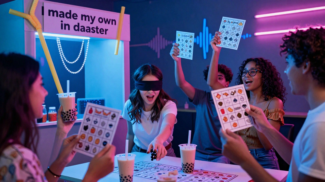 A blindfolded woman tasting bubble tea while friends hold bingo cards, with a photo booth nearby full of fun props.
