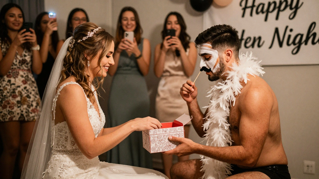 A bride reaches into a mystery box as a performer offers her a silly prop, surrounded by laughing friends.