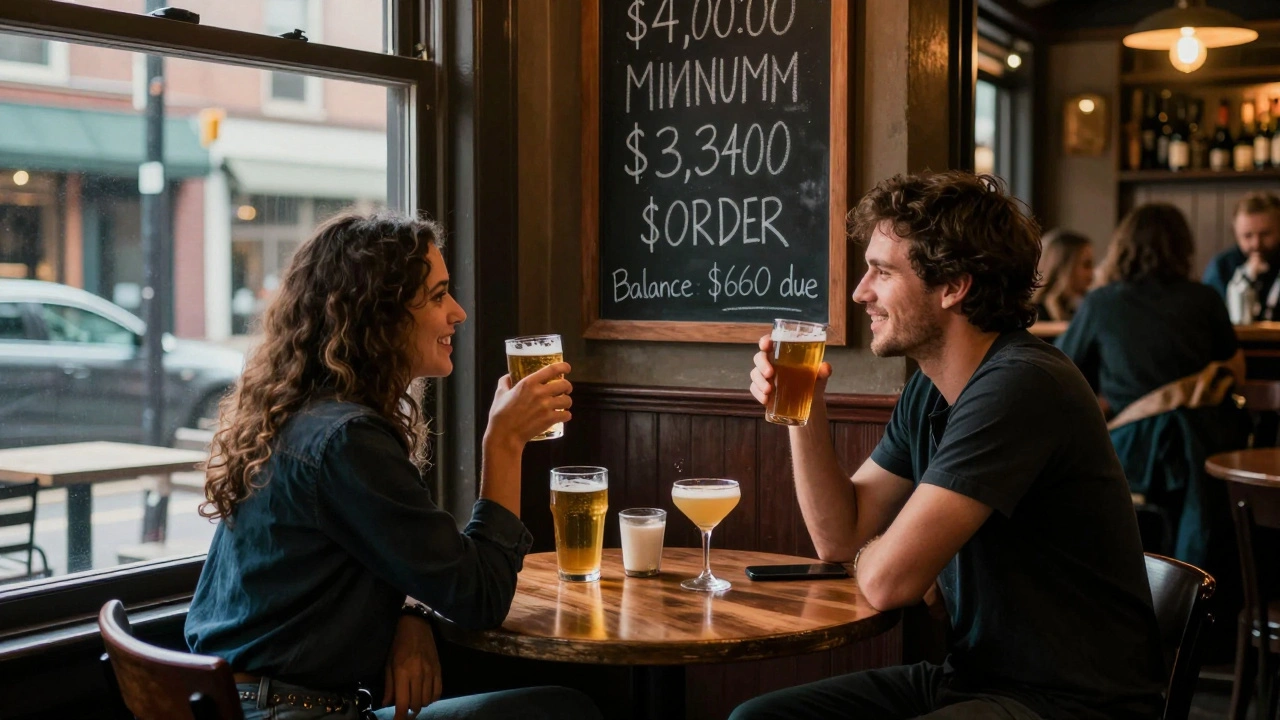 A couple at a jazz club with beer, wine, and a signature cocktail, facing a chalkboard showing their order and minimum balance due.