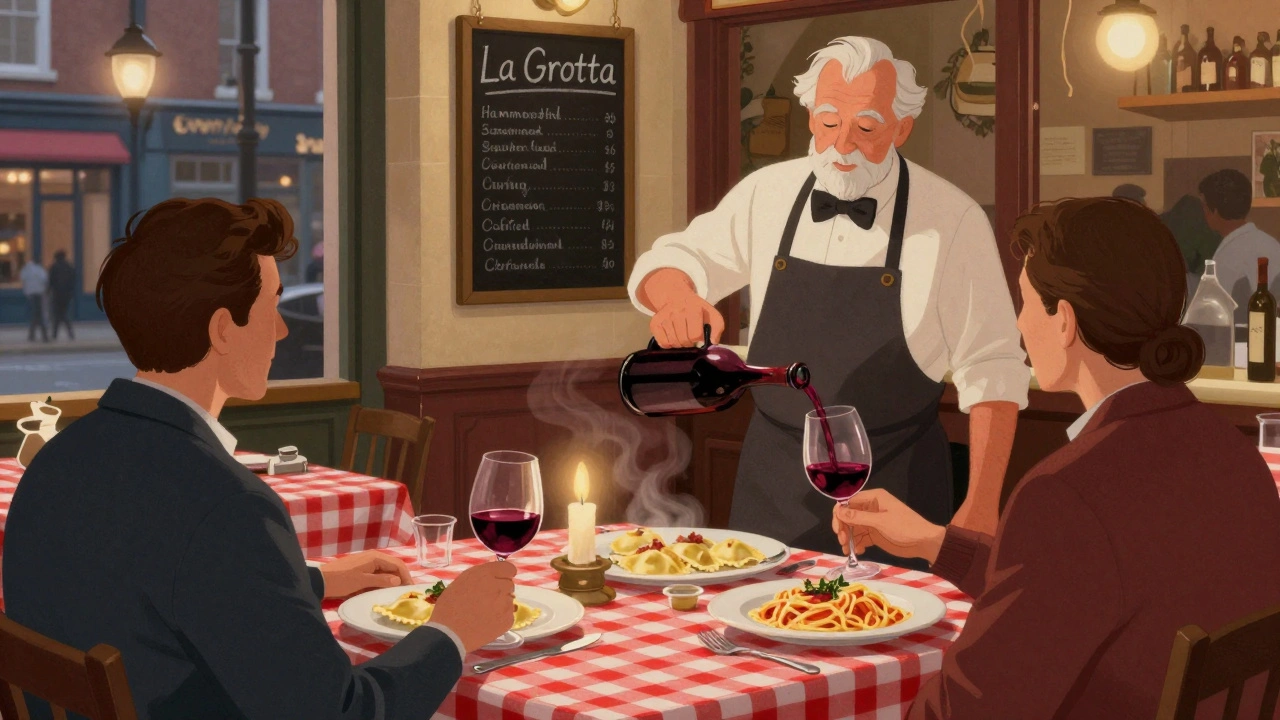 A couple enjoying handmade ravioli at La Grotta Italian trattoria, with warm candlelight and chalkboard menu in background.